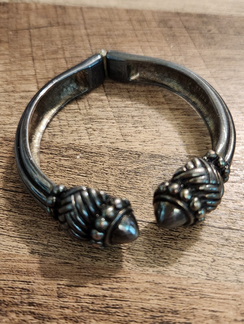 Premier Silvertone Oxidized Silver Clamp Bracelet with Sculpted Terminals